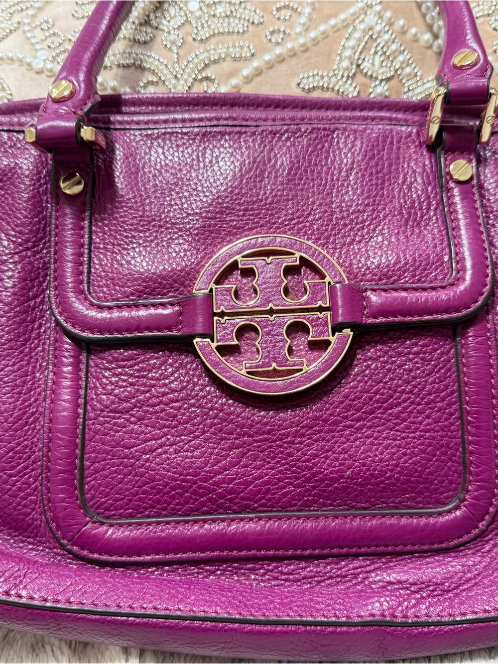 Tory Burch Amanda Purple Pebbled Leather 2-Way Satchel Crossbody Bag - Picture 4 of 4